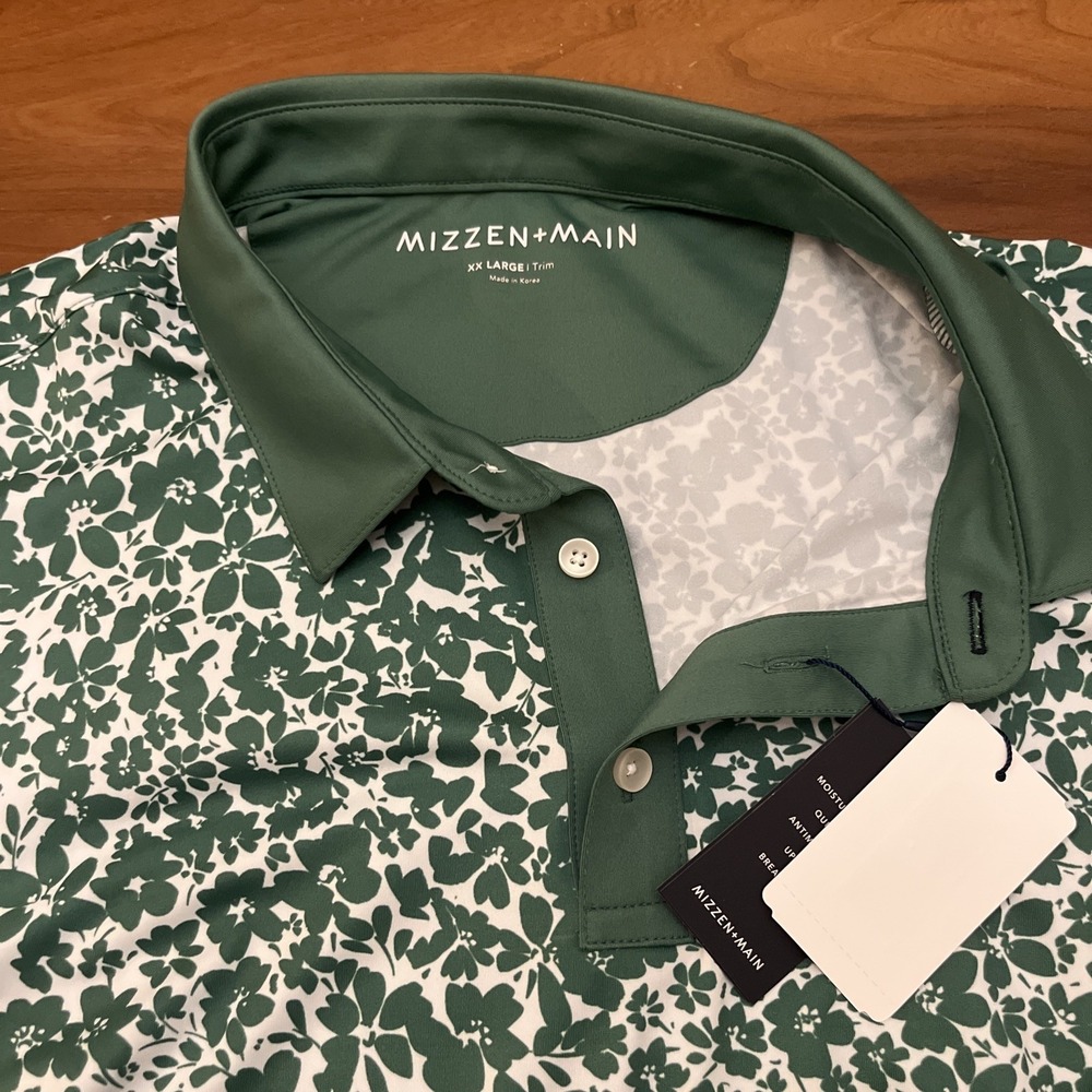 Mizzen + Main Versa Polo Shirt Men XXL Golf Green Floral Short Sleeve Stretch